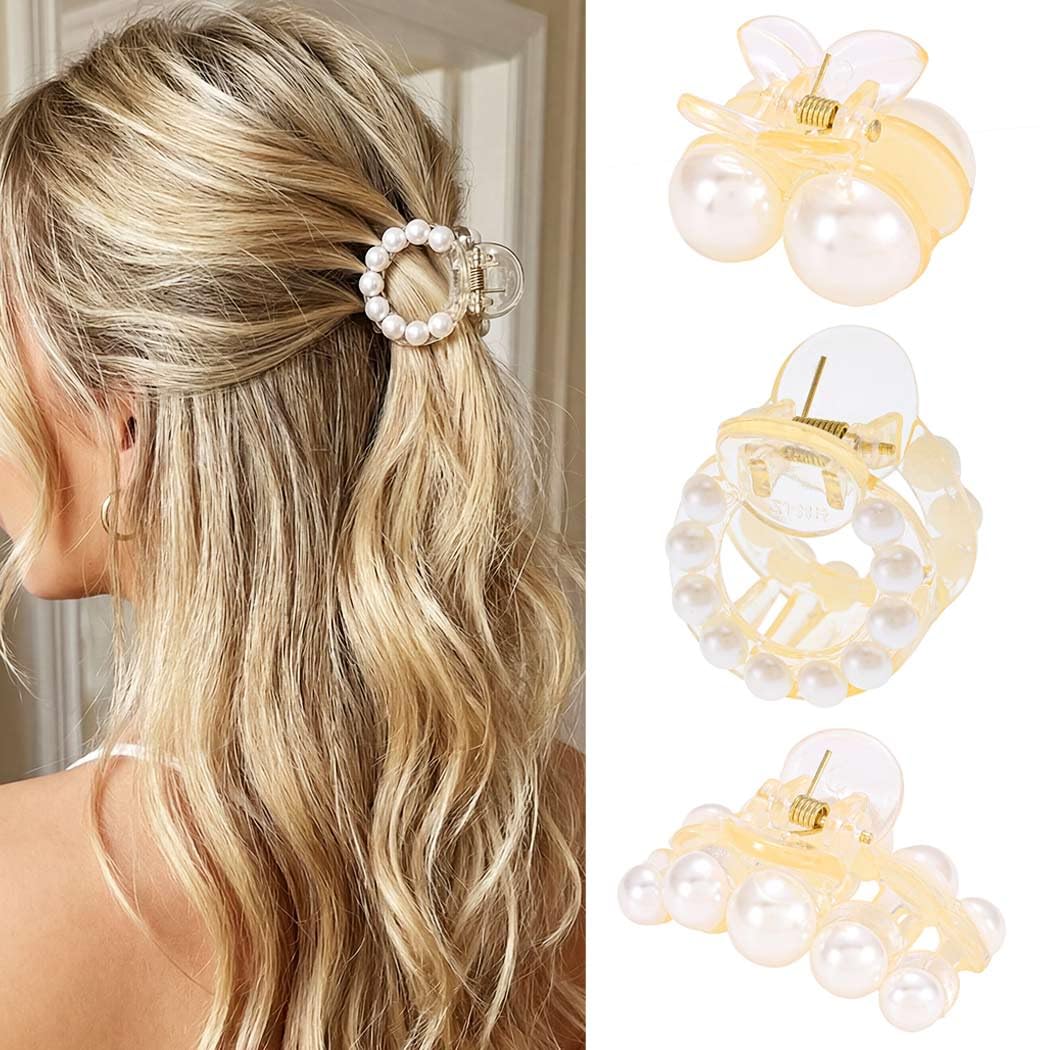 CAKURE front view of three white pearl clips showing elegant compact look and versatility
