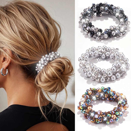 CAKURE front view of rhinestone and pearl ponytail holders showing elegance