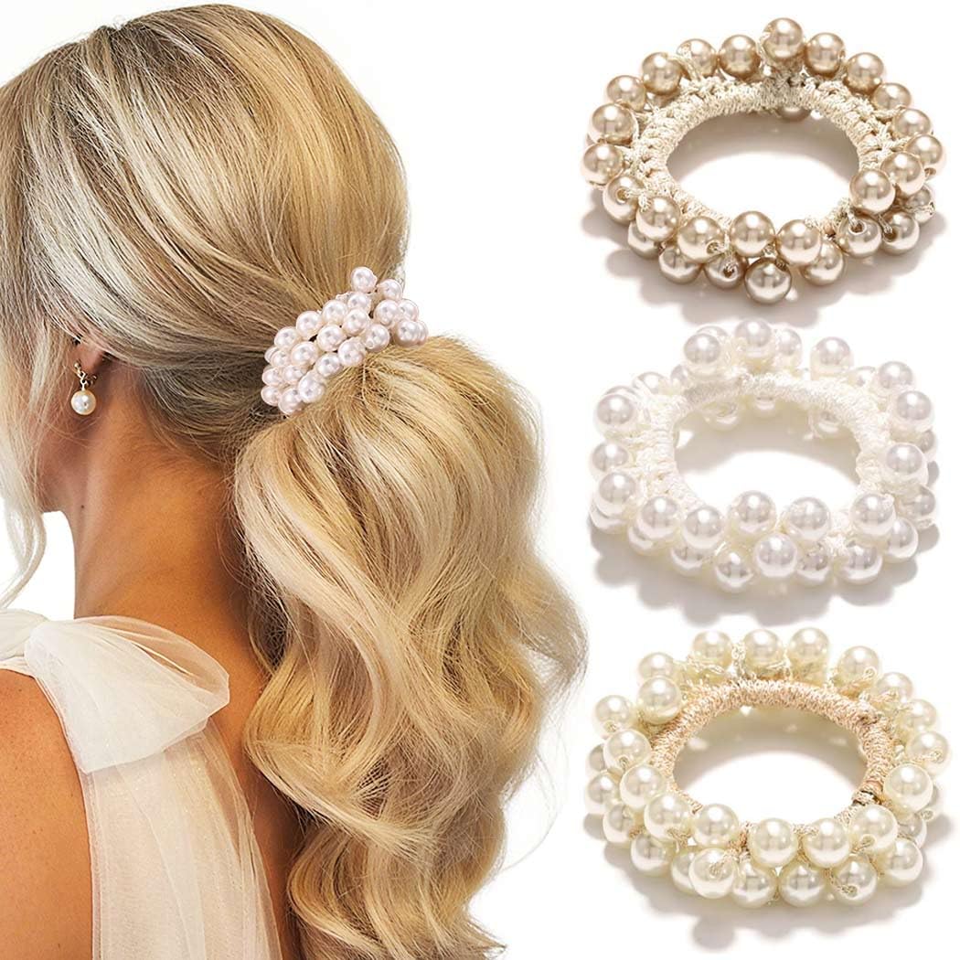 CAKURE front view of three pearl scrunchies shows elegant packaging and styling benefit