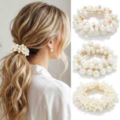 CAKURE front view of three white pearl hair ties, polished look