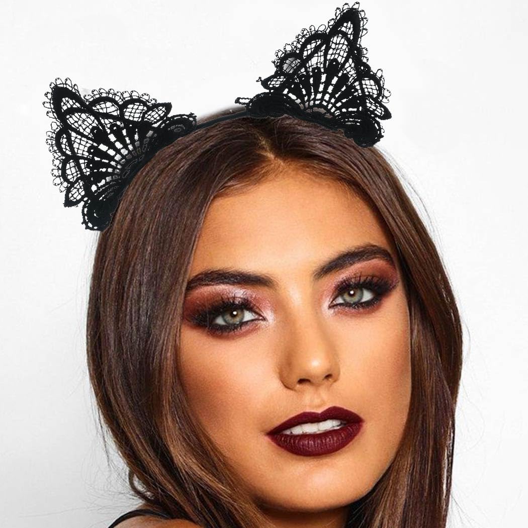 CAKURE front view of black lace cat ears headband showing elegant silhouette and comfort