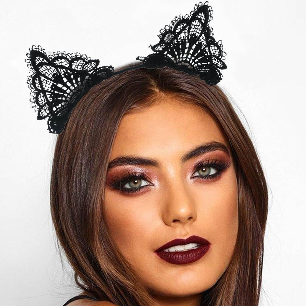 CAKURE front view of black lace cat ears headband showing elegant silhouette and comfort
