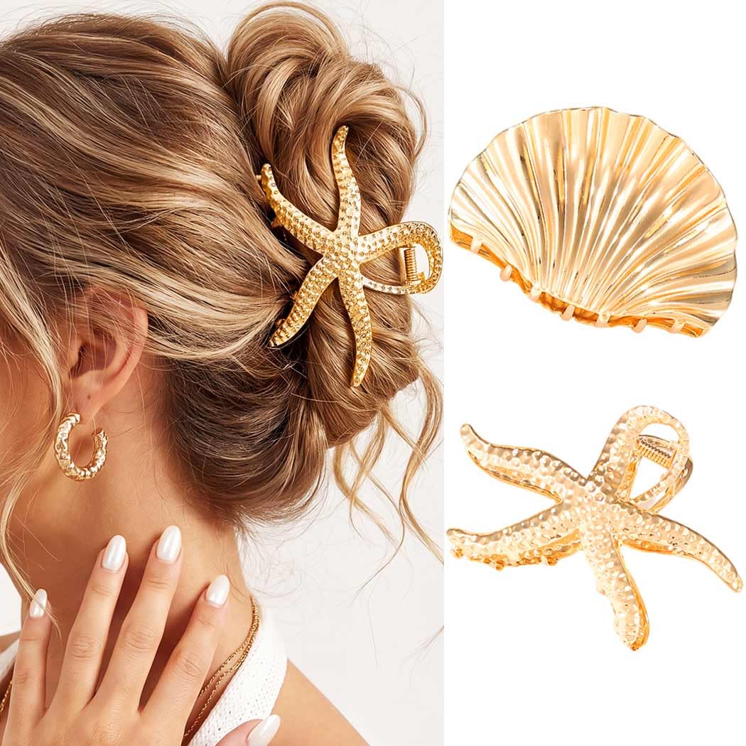 CAKURE front view gold starfish and shell clips showing decorative finish and secure hold