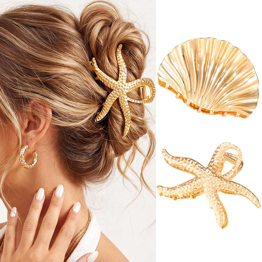 CAKURE front view gold starfish and shell clips showing decorative finish and secure hold