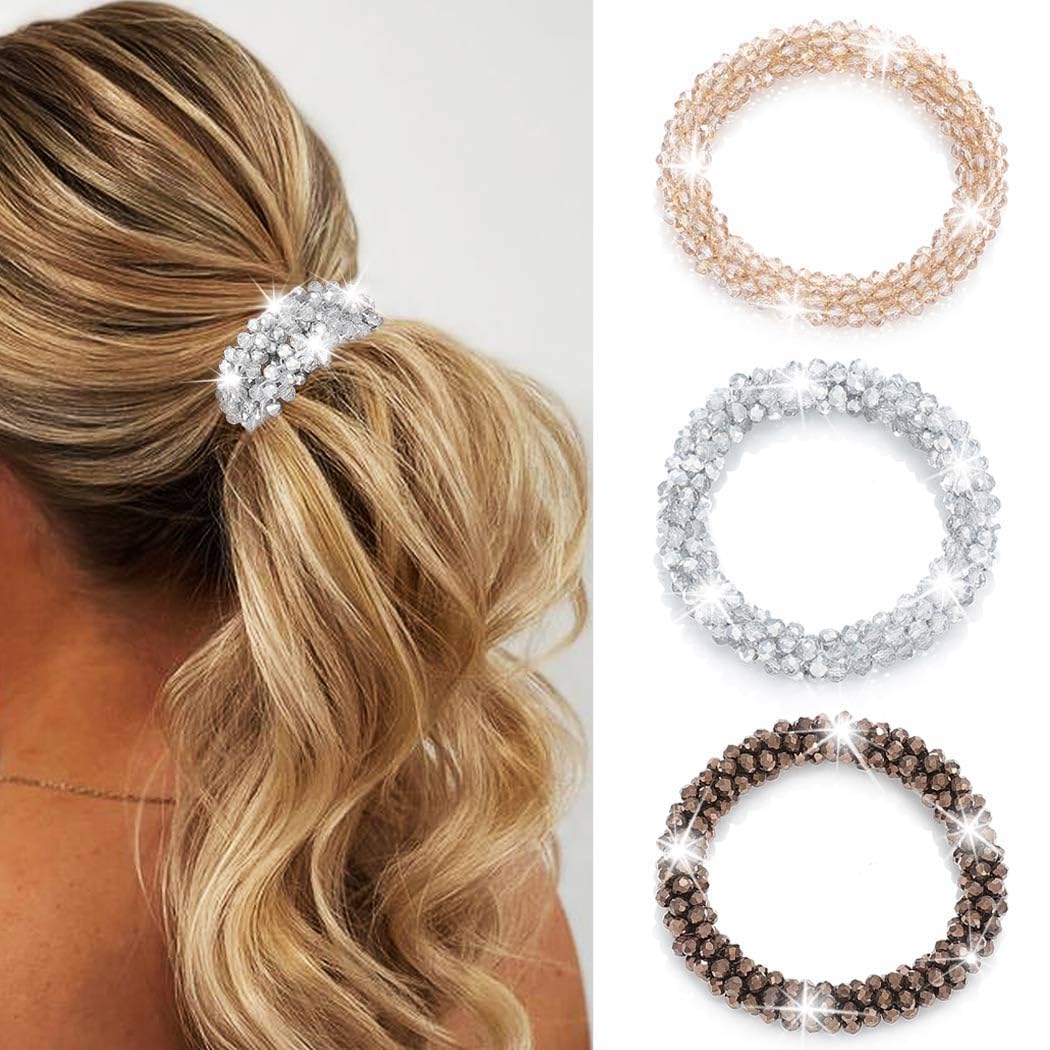 CAKURE front view pack showing three sparkly hair ties and versatile styling benefit
