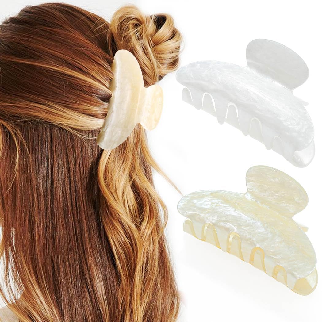 CAKURE front view of white and beige claw clips showing clean design and everyday style