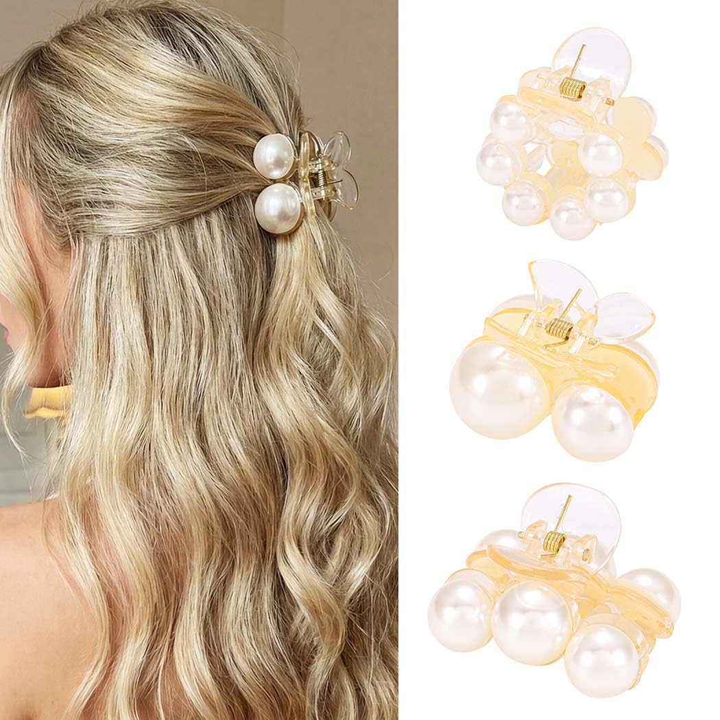CAKURE front view of three white pearl claw clips showing elegant design and convenience