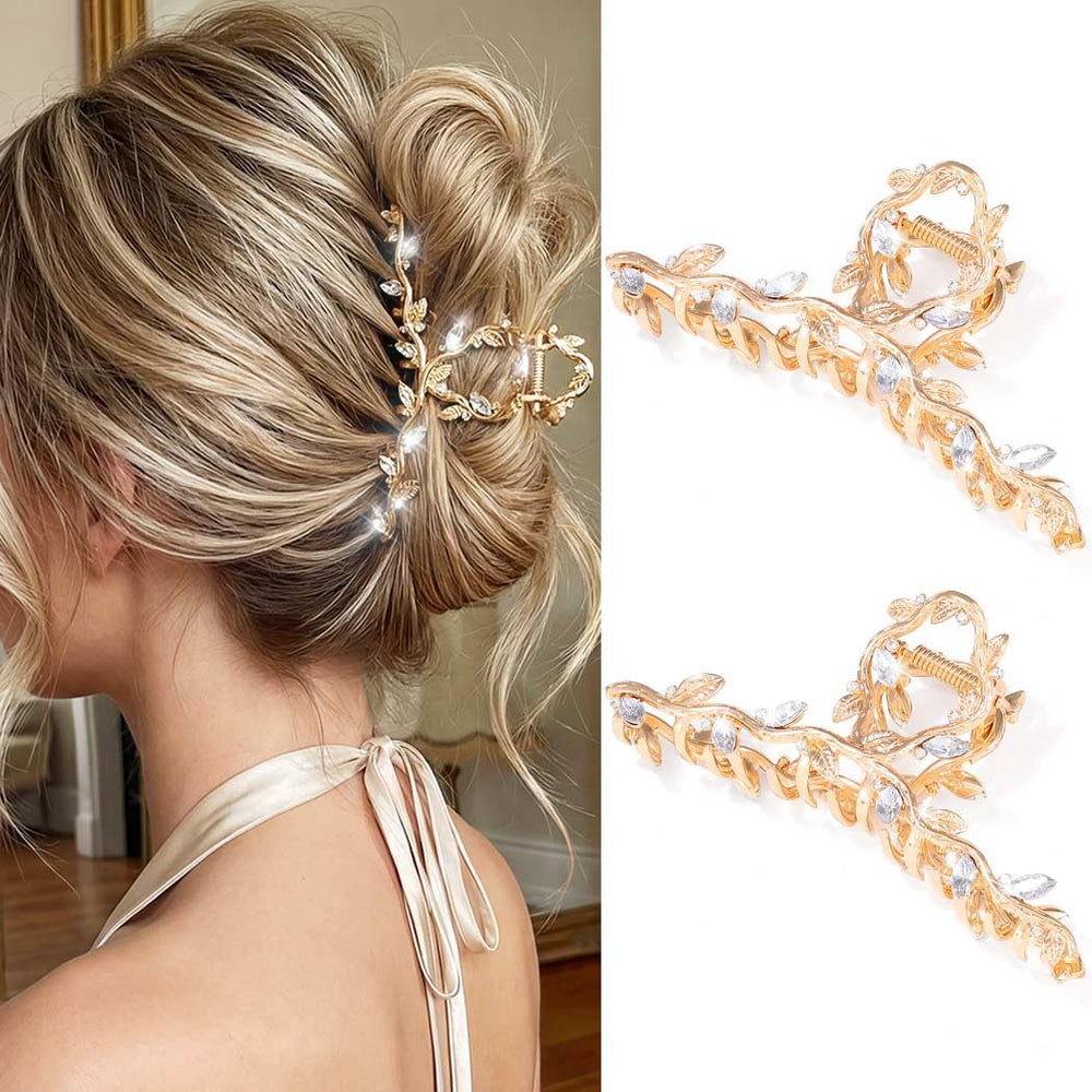 CAKURE gold claw clip front view showing leaf design and elegant sparkle
