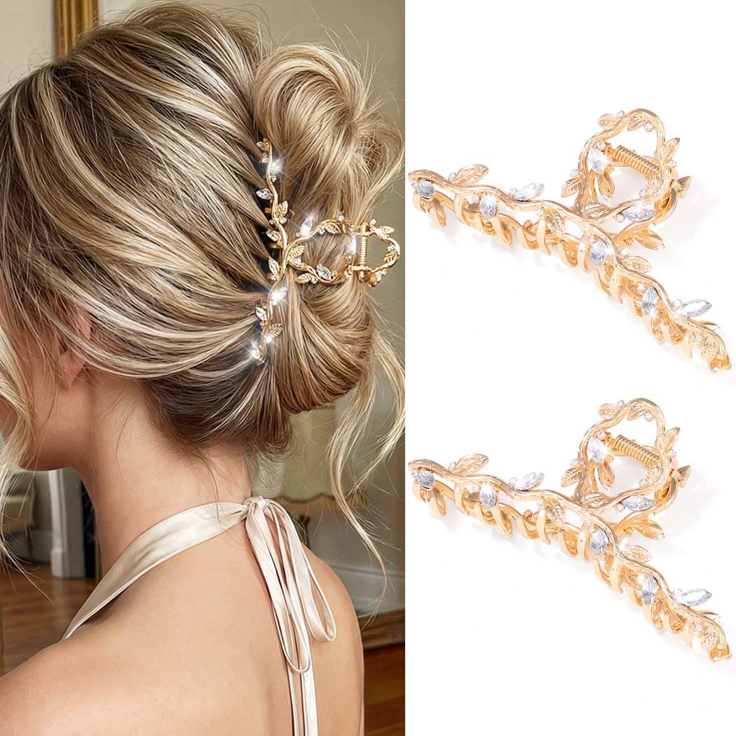 CAKURE gold claw clip front view showing leaf design and elegant sparkle