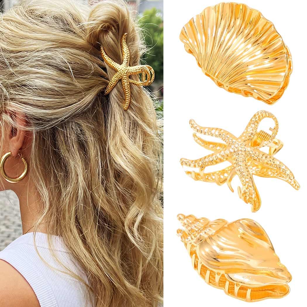CAKURE gold starfish clip front view adds beachy sparkle and secure hold