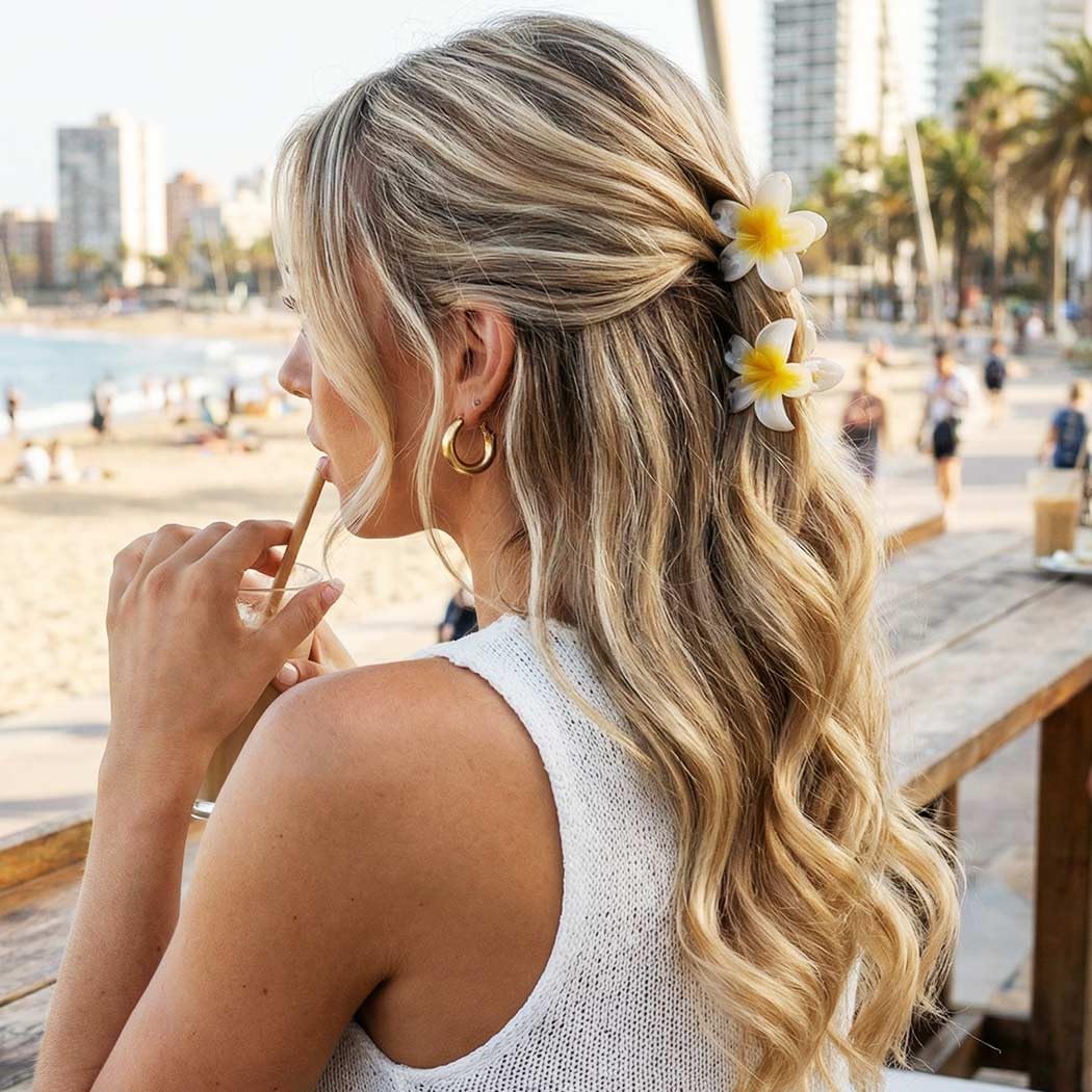 CAKURE plumeria clip worn in hair styling showing decorative tropical accent benefits