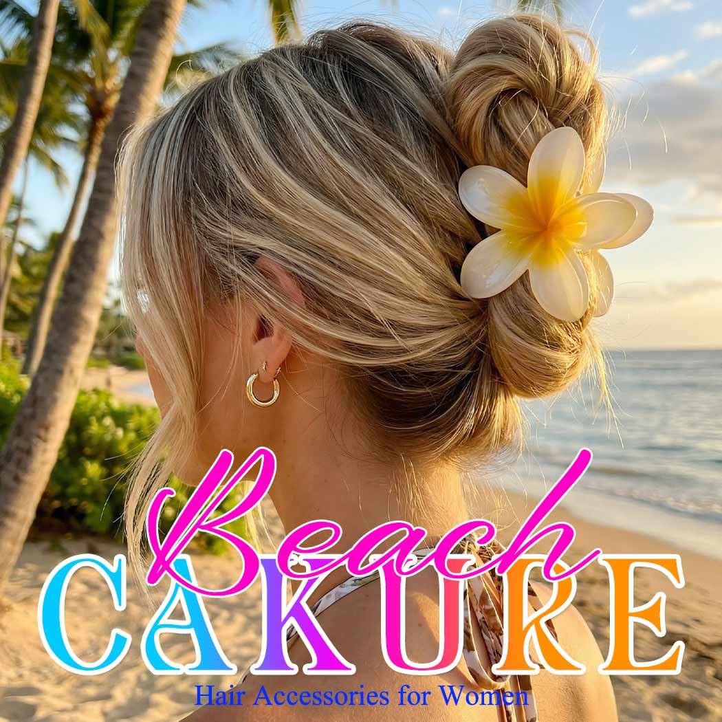 CAKURE plumeria clip in beach lifestyle scene showing summery look and travel-ready benefits