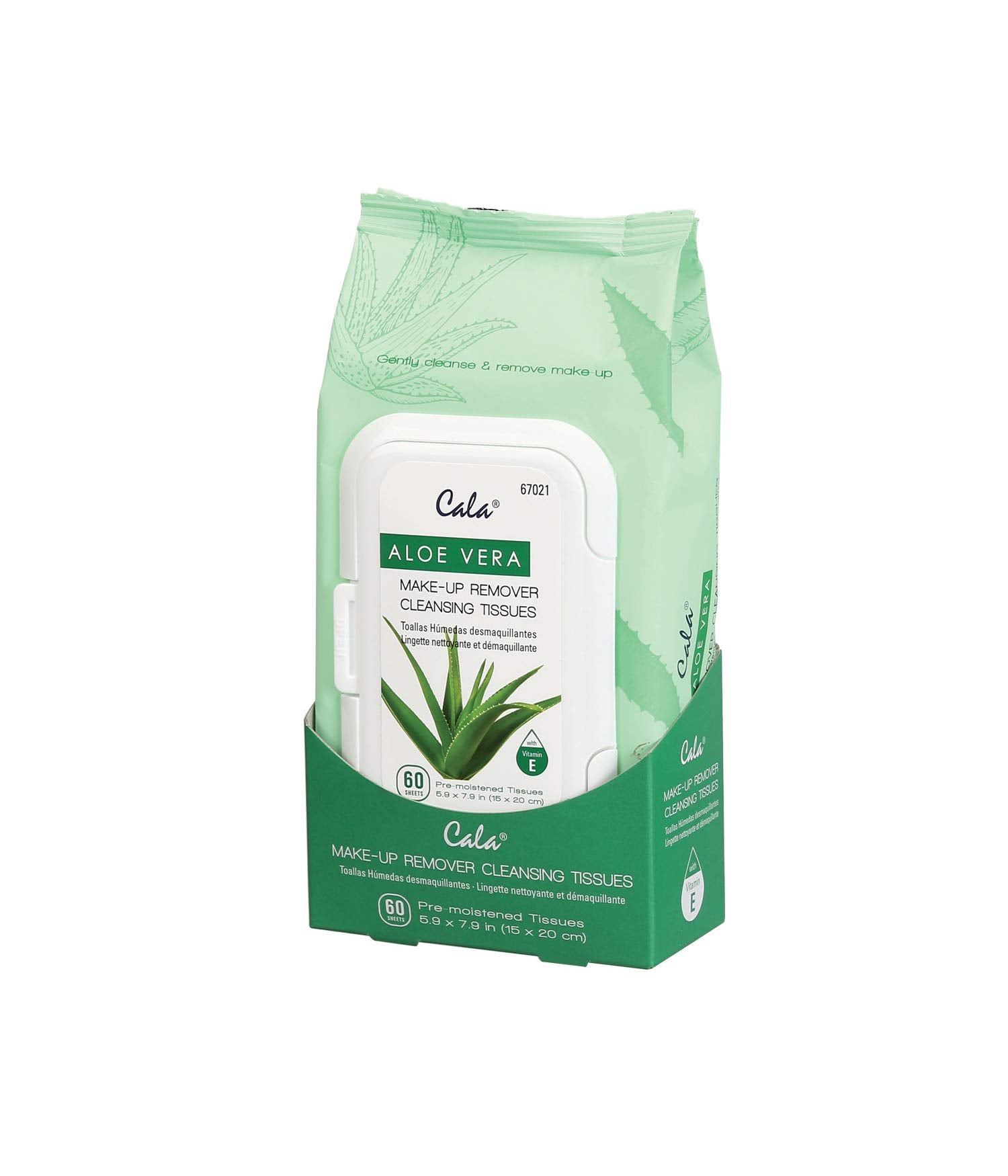 CALA front packaging showing 60 aloe vera cleansing tissues for gentle makeup removal