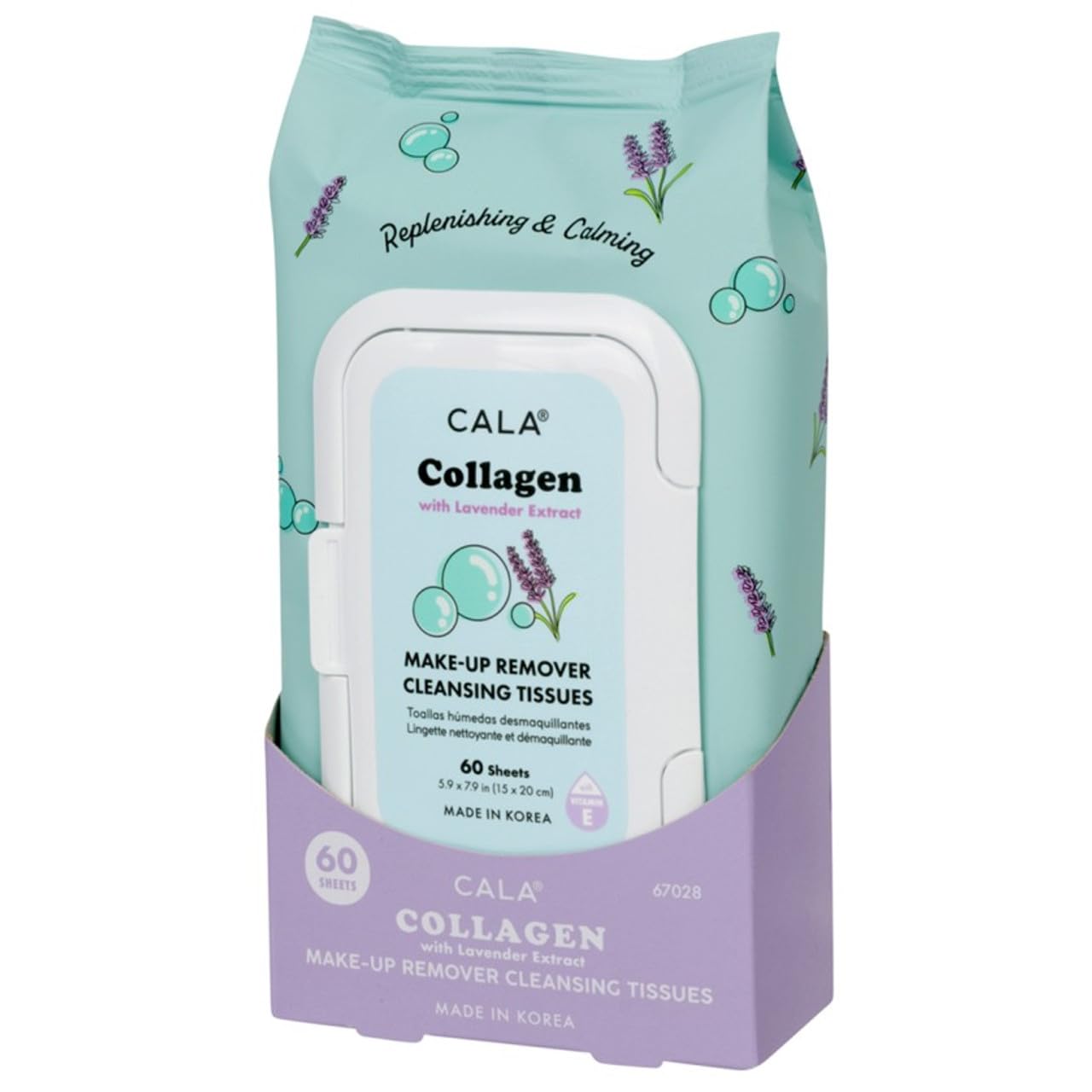Cala front pack showing 60-sheet resealable makeup wipes and clear benefits