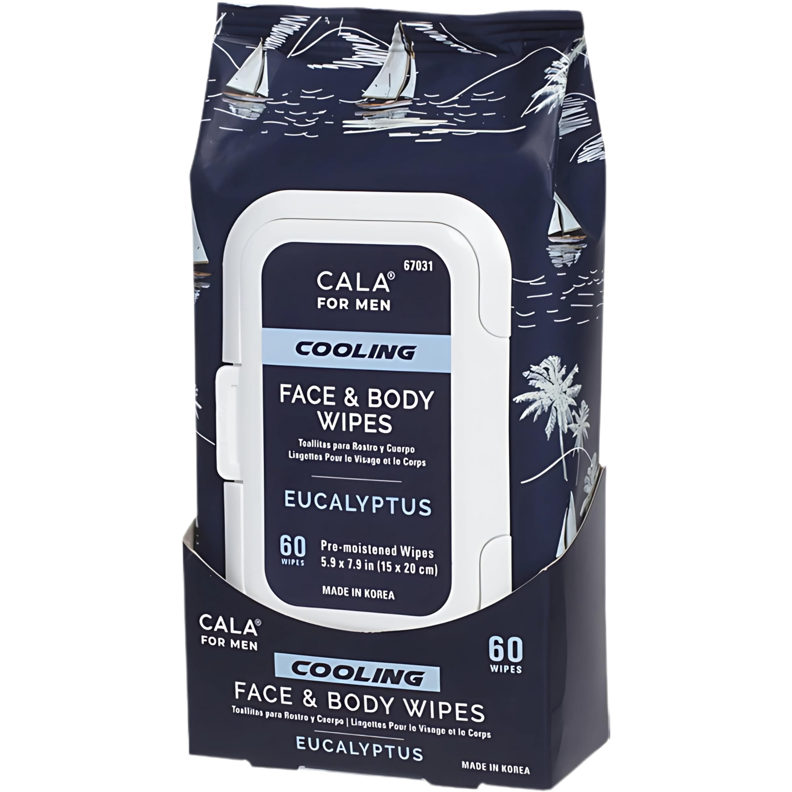 CALA front pack showing 60 cooling eucalyptus wipes for quick refreshment