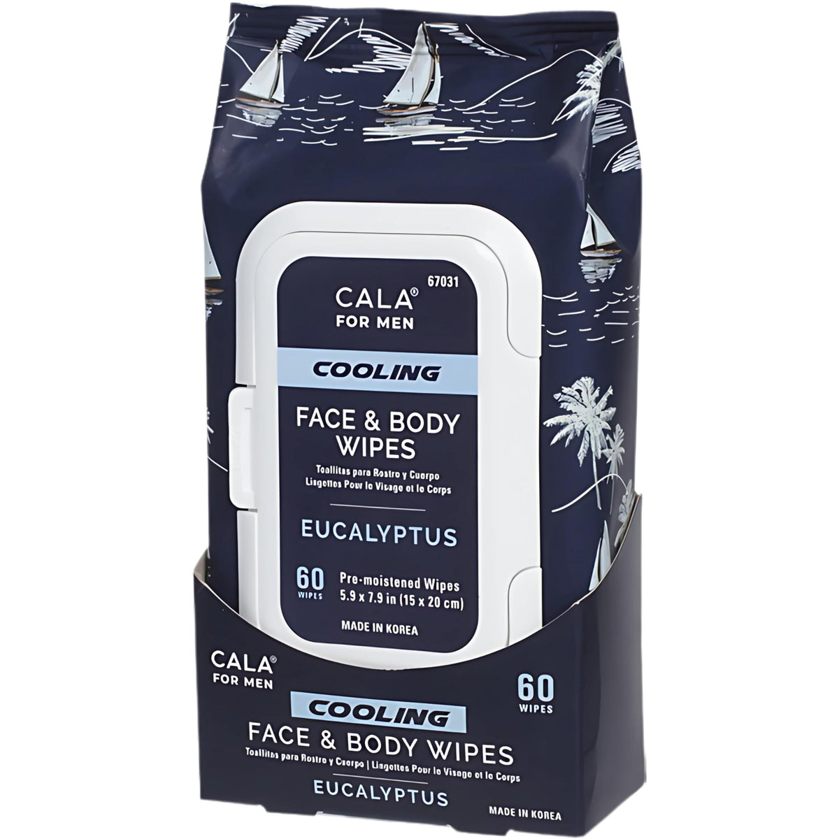 CALA front pack showing 60 cooling eucalyptus wipes for quick refreshment