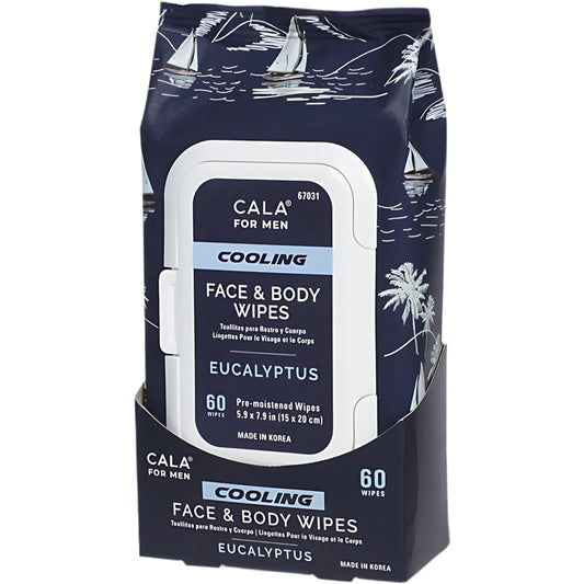 CALA front pack showing 60 cooling eucalyptus wipes for quick refreshment