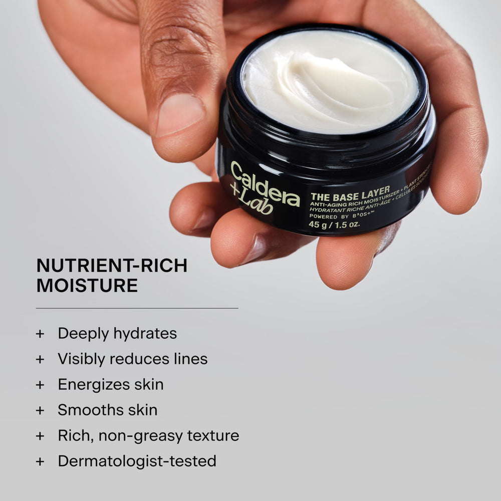 Caldera + Lab cream texture close-up highlighting lightweight, fast-absorbing finish