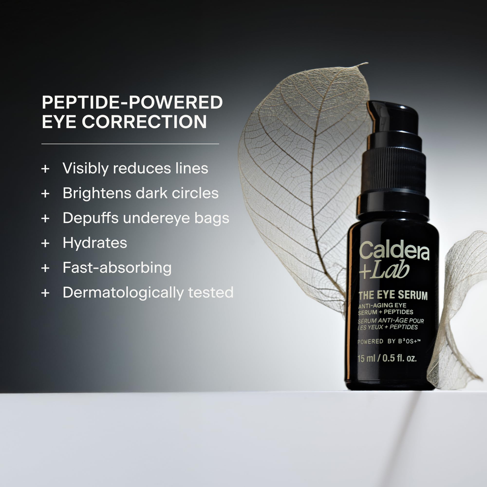 Caldera + Lab Eye Serum pump dispensing peptide-rich eye care for reduced puffiness