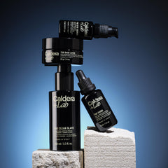 Caldera + Lab products staged in bathroom lifestyle scene signaling daily use benefits