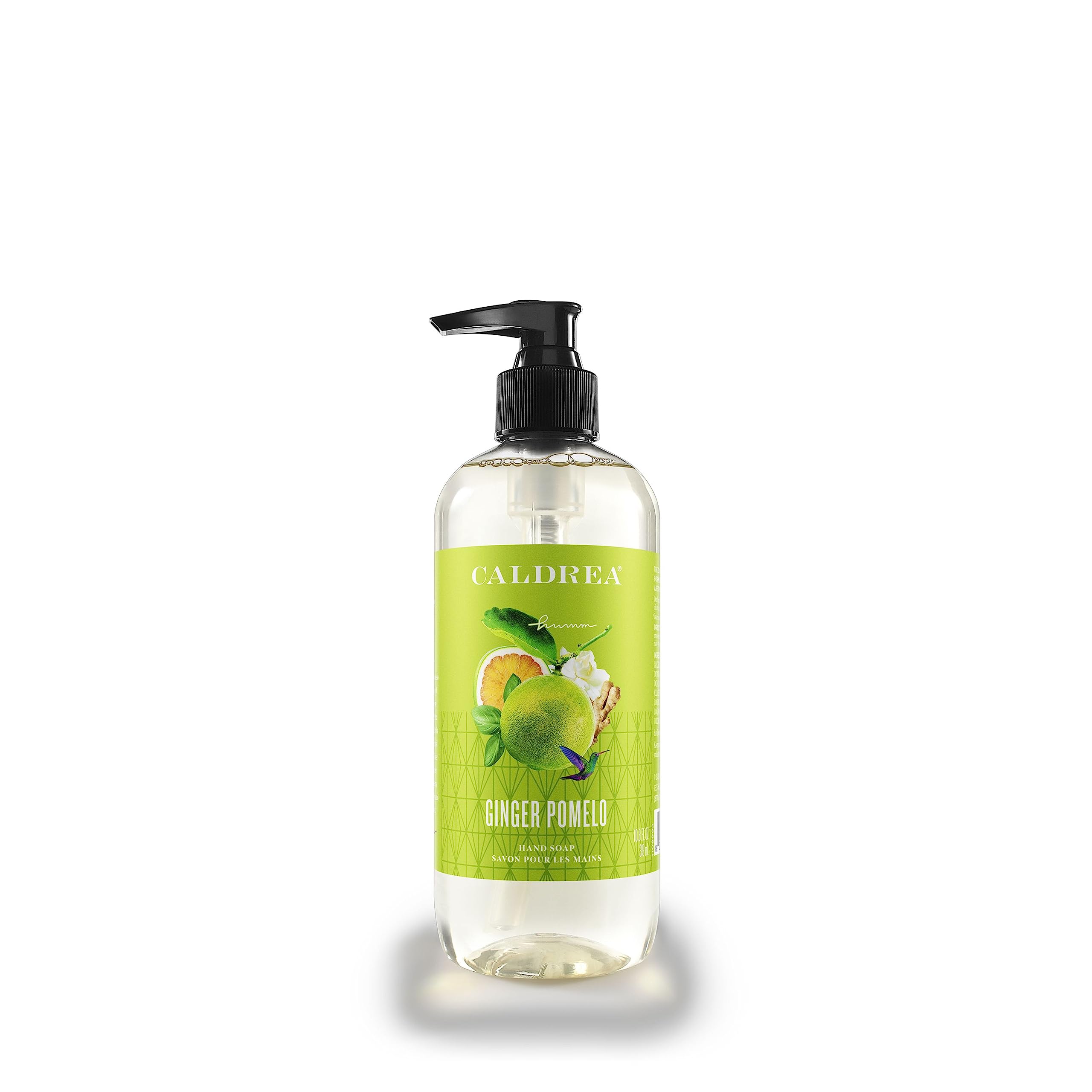 Caldrea bottle front view showing ginger pomelo scent and elegant design for decor