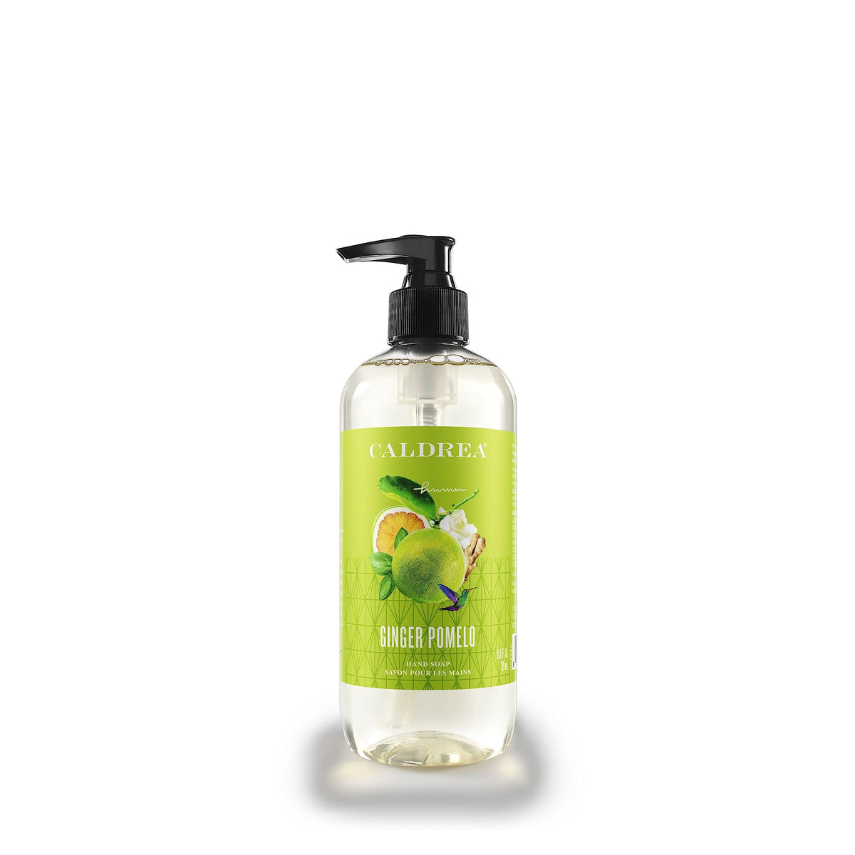 Caldrea bottle front view showing ginger pomelo scent and elegant design for decor
