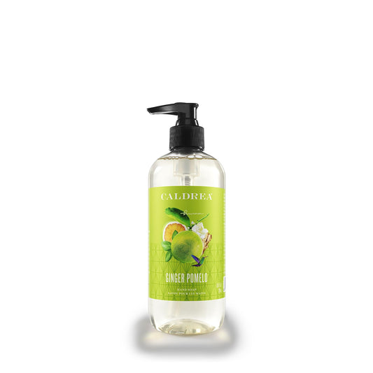 Caldrea bottle front view showing ginger pomelo scent and elegant design for decor