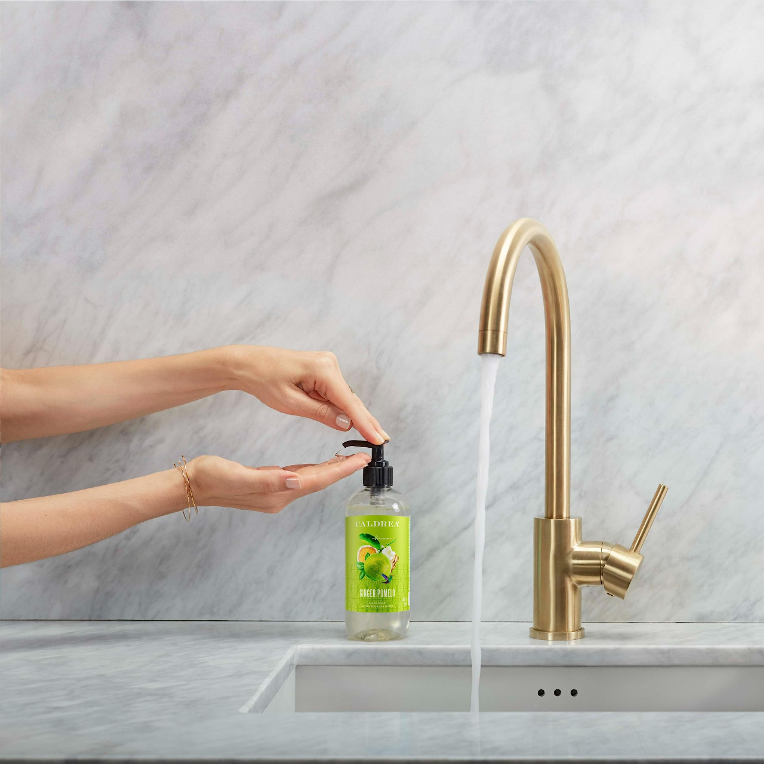 Caldrea pump detail highlighting easy dispensing and controlled use benefit