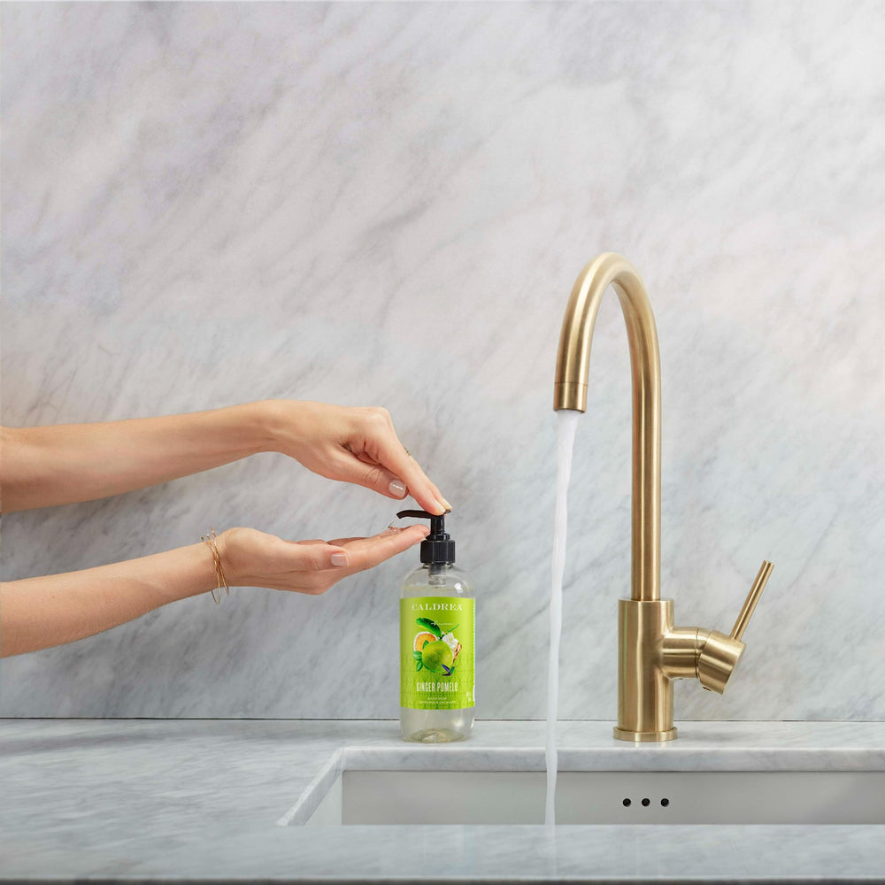 Caldrea pump detail highlighting easy dispensing and controlled use benefit