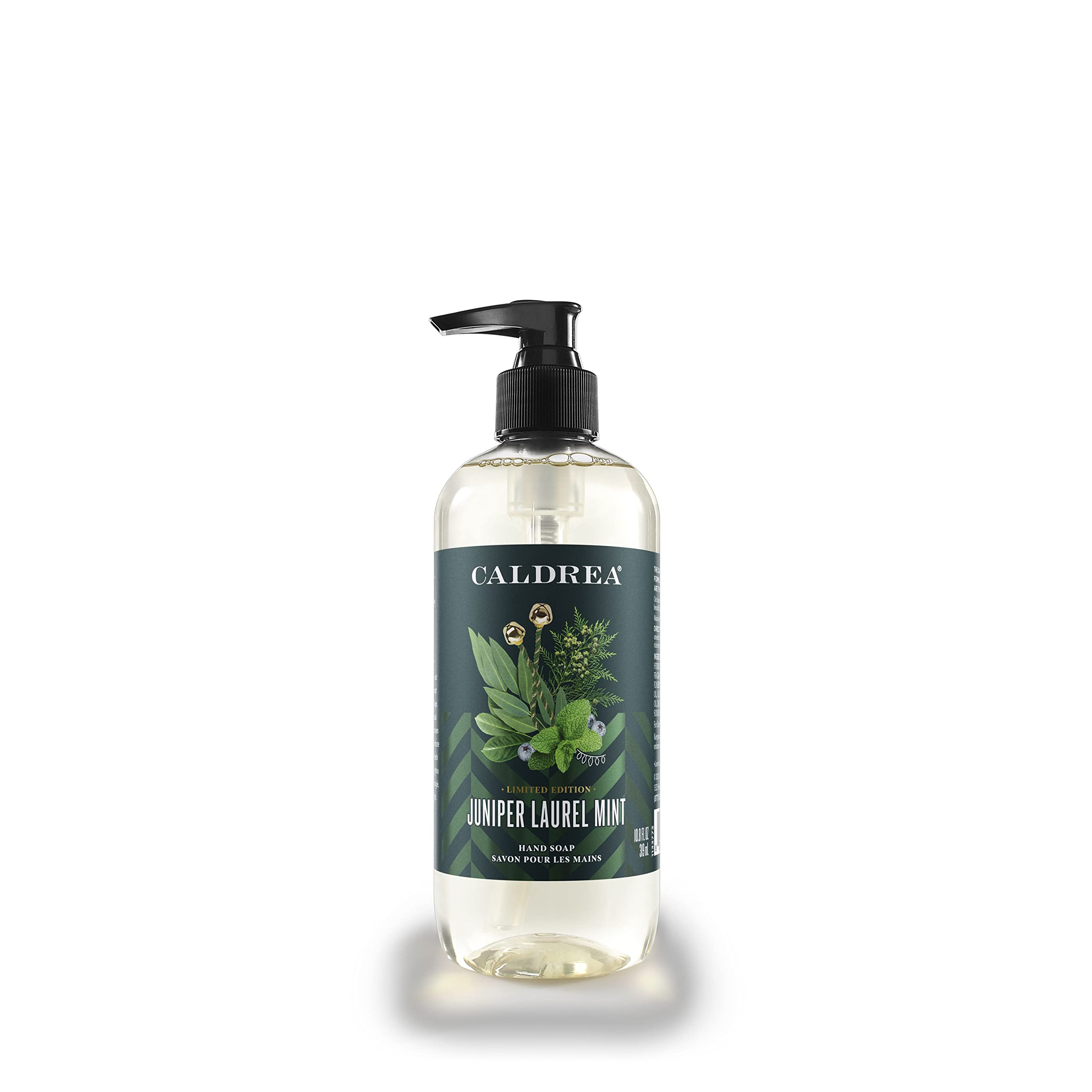 Caldrea hand soap front bottle showing label and pump, appealing on sink