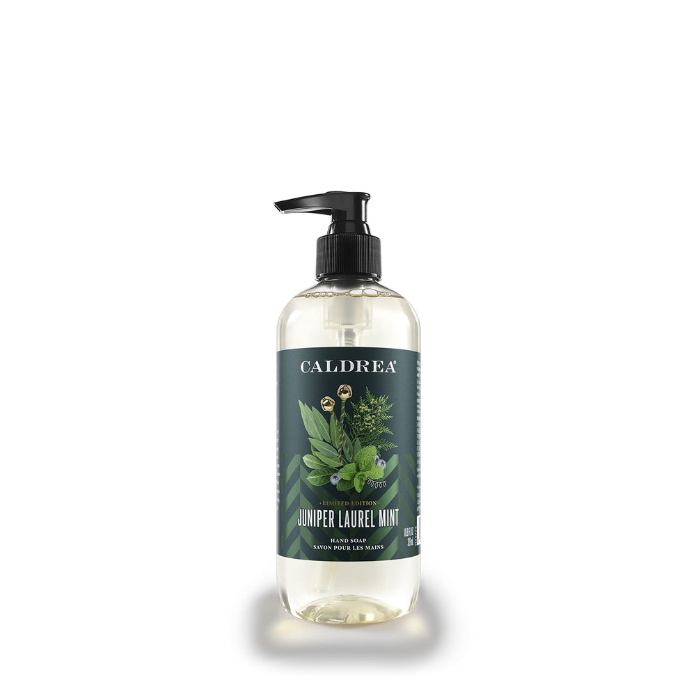 Caldrea hand soap front bottle showing label and pump, appealing on sink