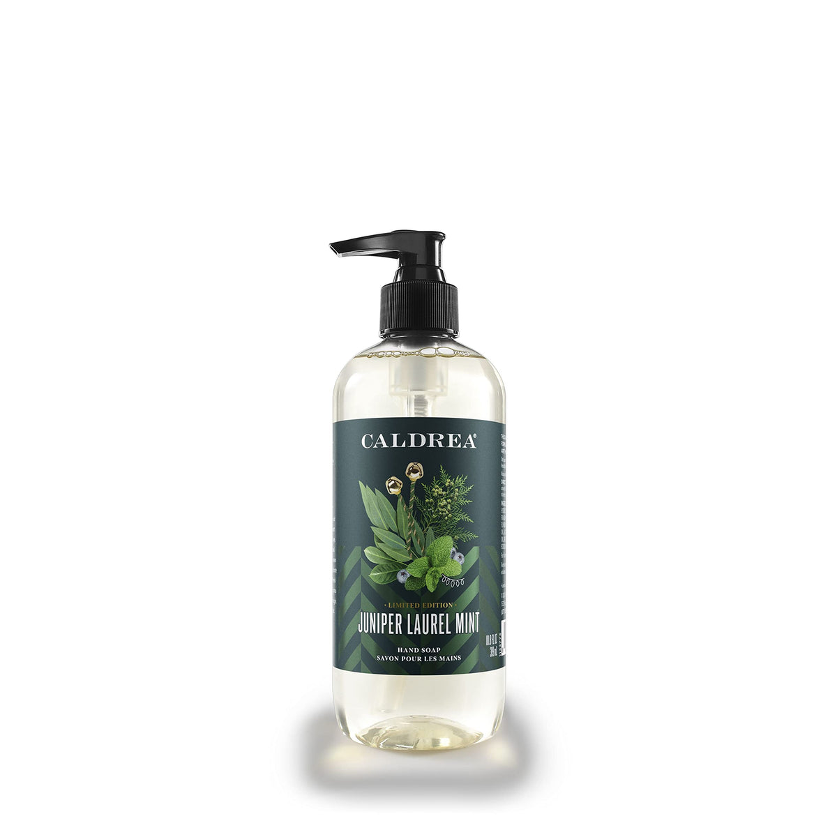 Caldrea hand soap front bottle showing label and pump, appealing on sink