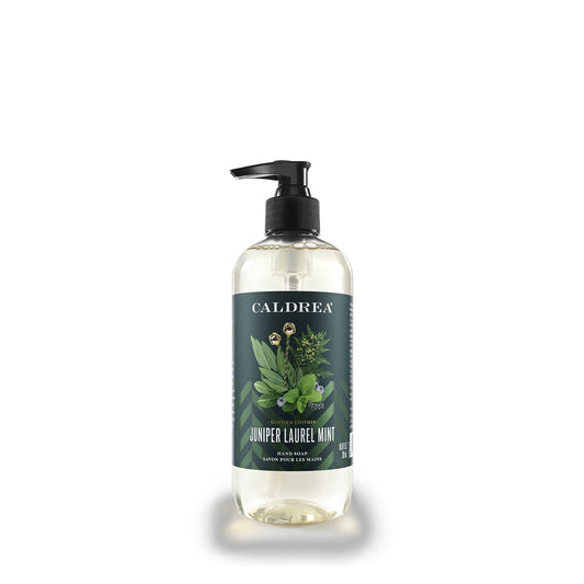 Caldrea hand soap front bottle showing label and pump, appealing on sink
