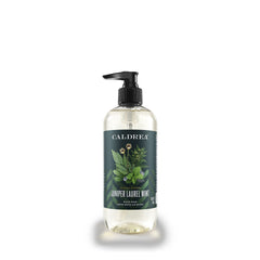 Caldrea hand soap front bottle showing label and pump, appealing on sink