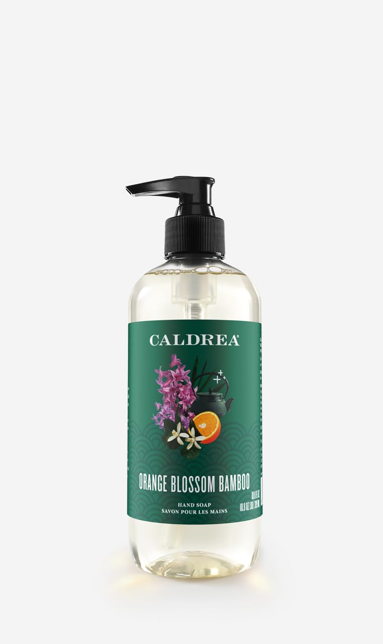 Caldrea front bottle of Orange Blossom Bamboo hand soap showing label and scent benefit