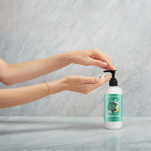 Caldrea pump dispensing lotion illustrating easy, controlled use