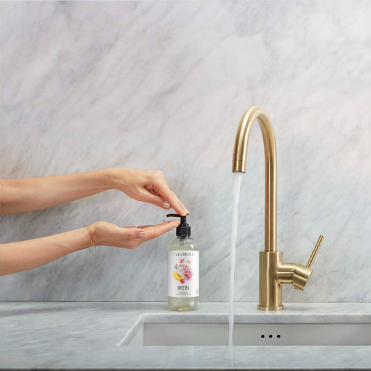 Caldrea Sweet Pea pump close-up illustrating easy dispensing and controlled usage