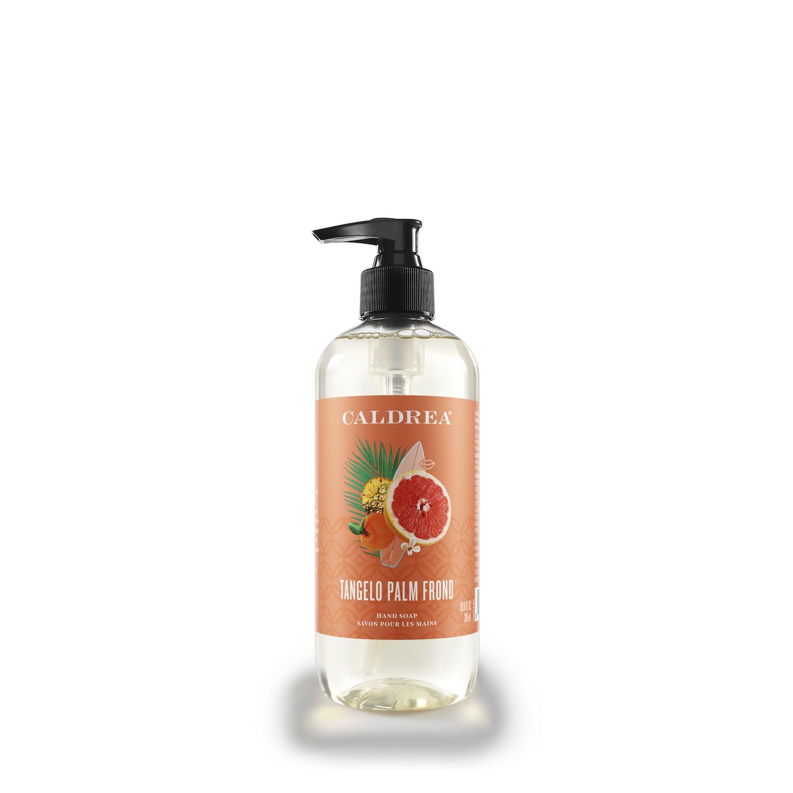Caldrea pump bottle front view showing label and scent for a stylish sink display