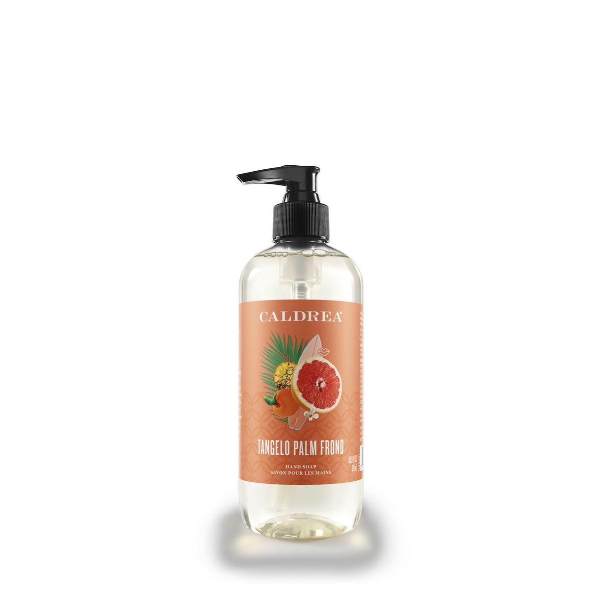 Caldrea pump bottle front view showing label and scent for a stylish sink display