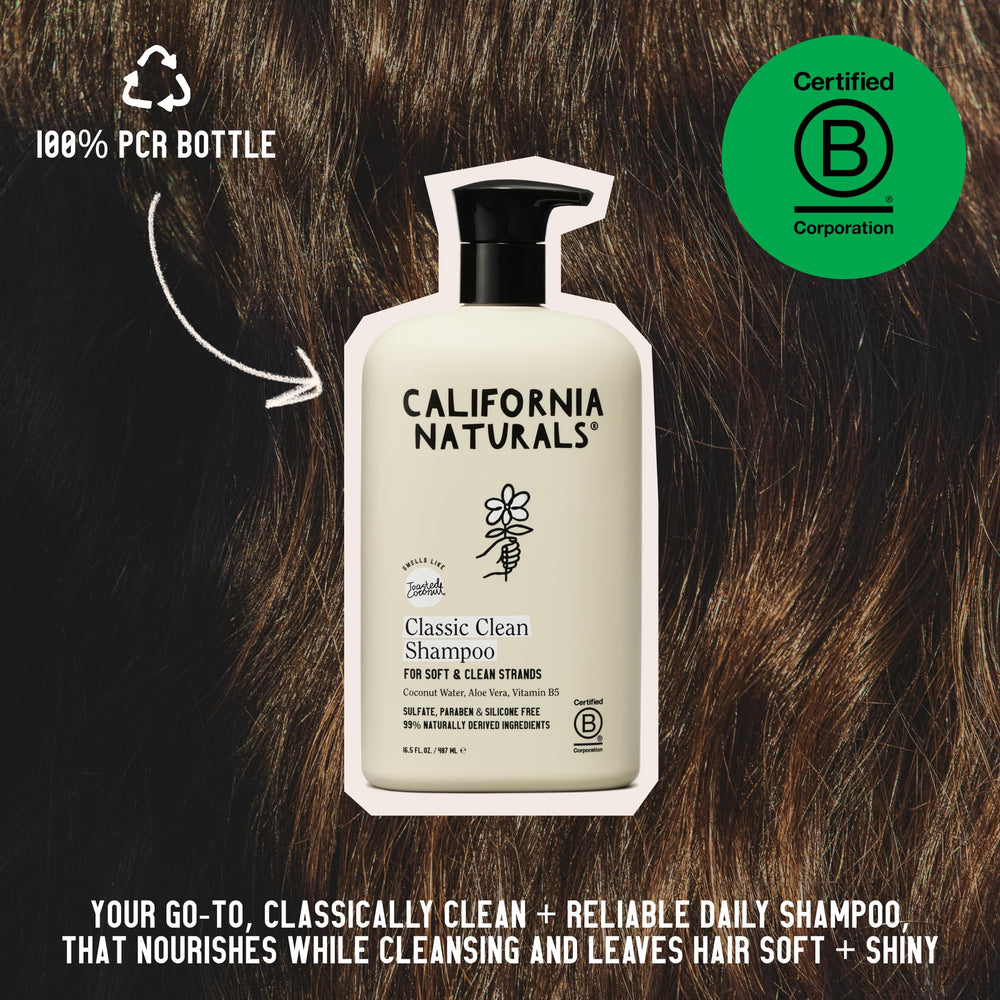 California Naturals pouring shampoo to show consistency and easy application benefit