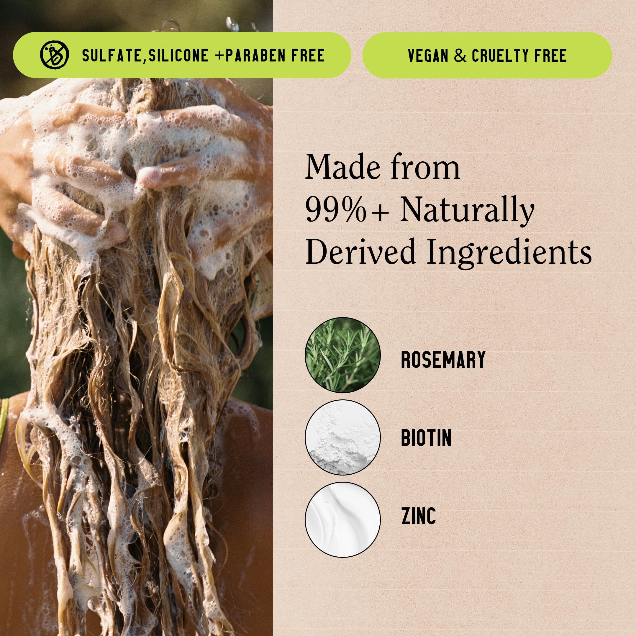 California Naturals Re:GRO rosemary sprig and bottle highlighting natural botanicals and scalp support