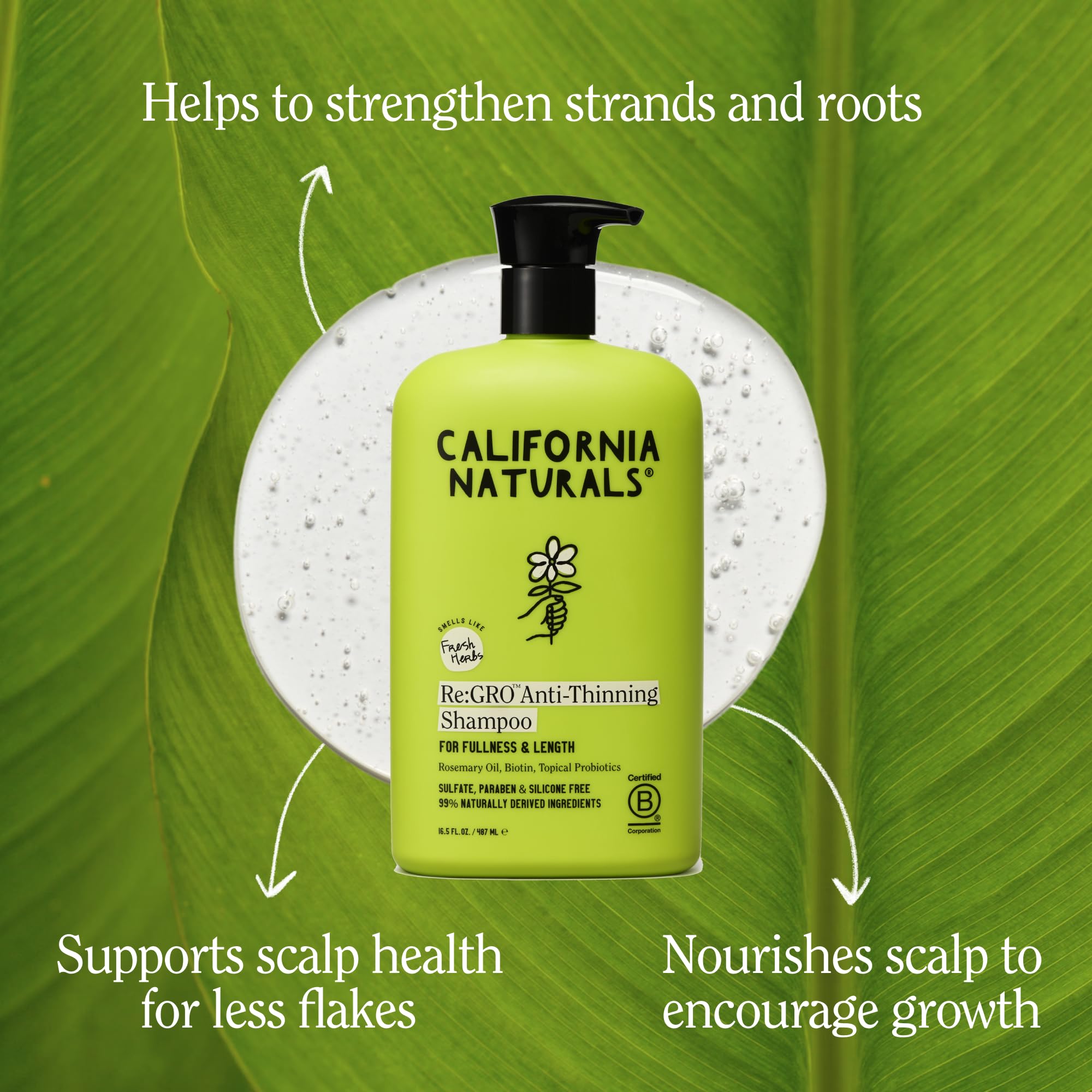 California Naturals Re:GRO lather closeup showing foam texture for gentle effective cleansing