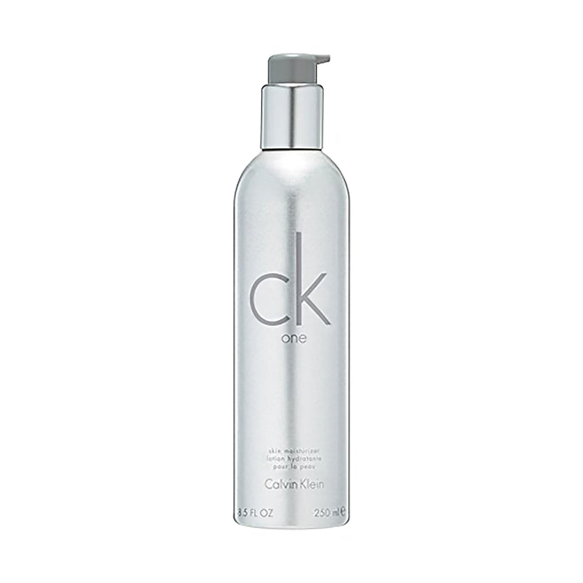Calvin Klein CK One body lotion front packaging shows clean design and brand benefit