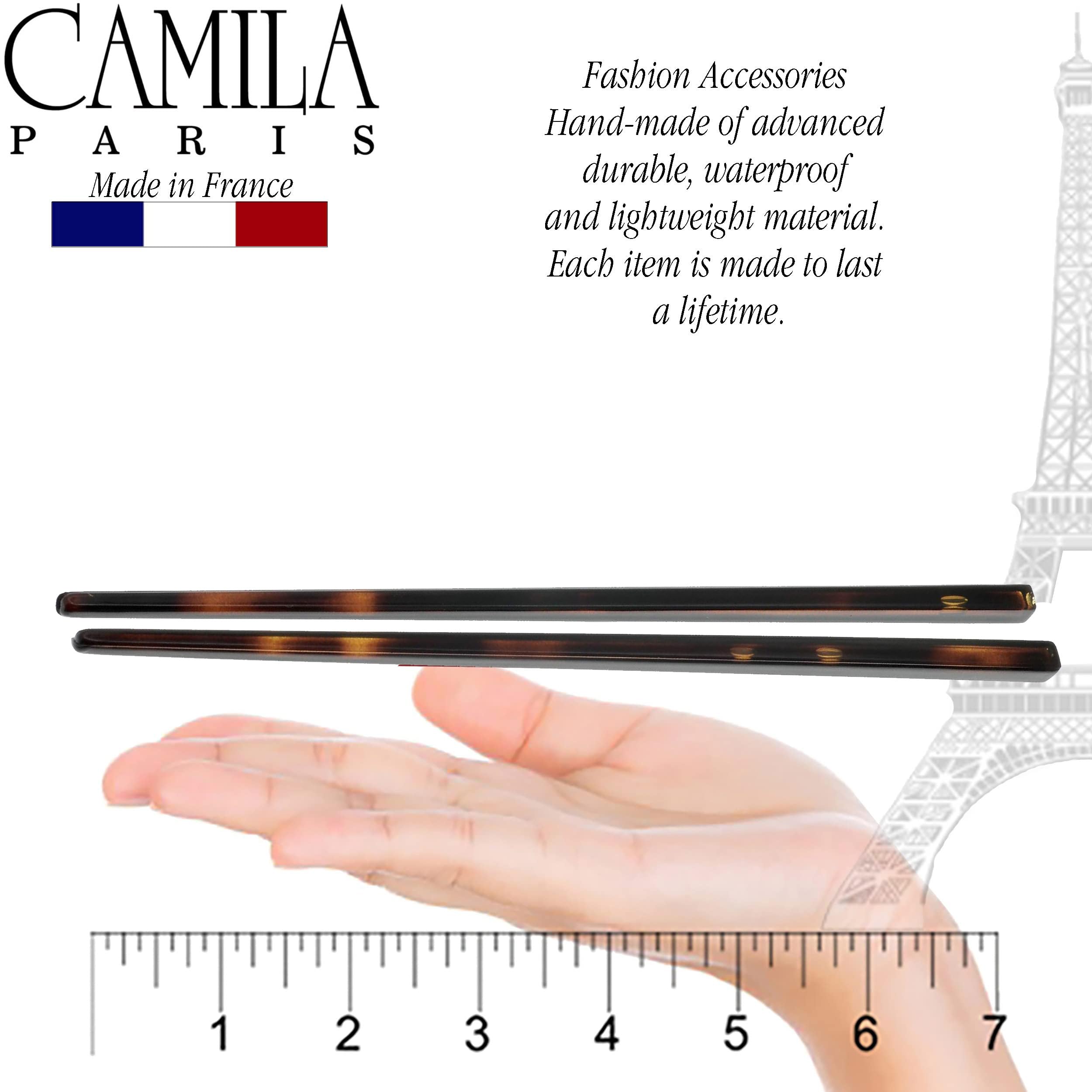 Camila Paris hair pin beside ruler showing 7.5-inch length for secure hold