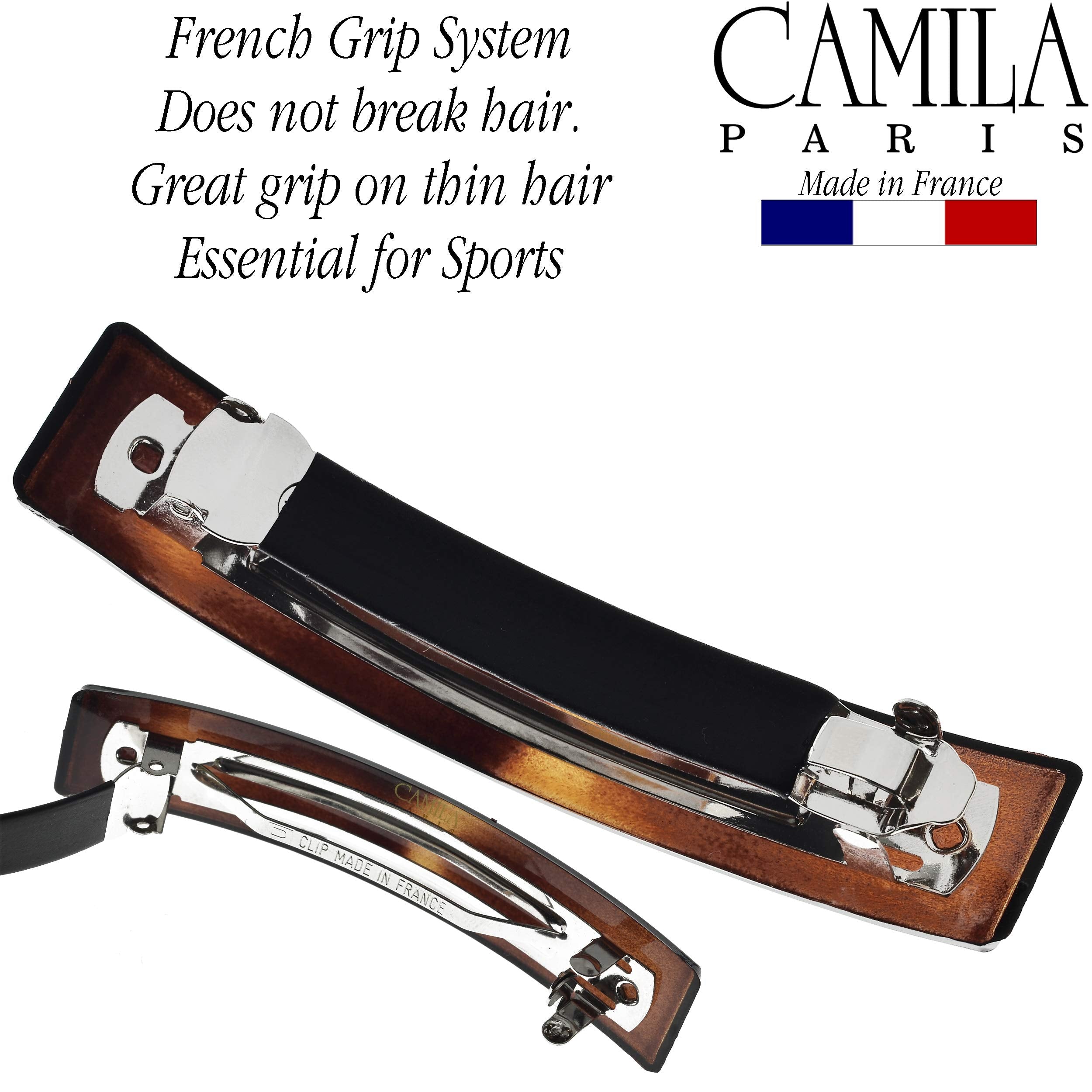 Camila barrette securing a full bun showing strong hold for thicker hair
