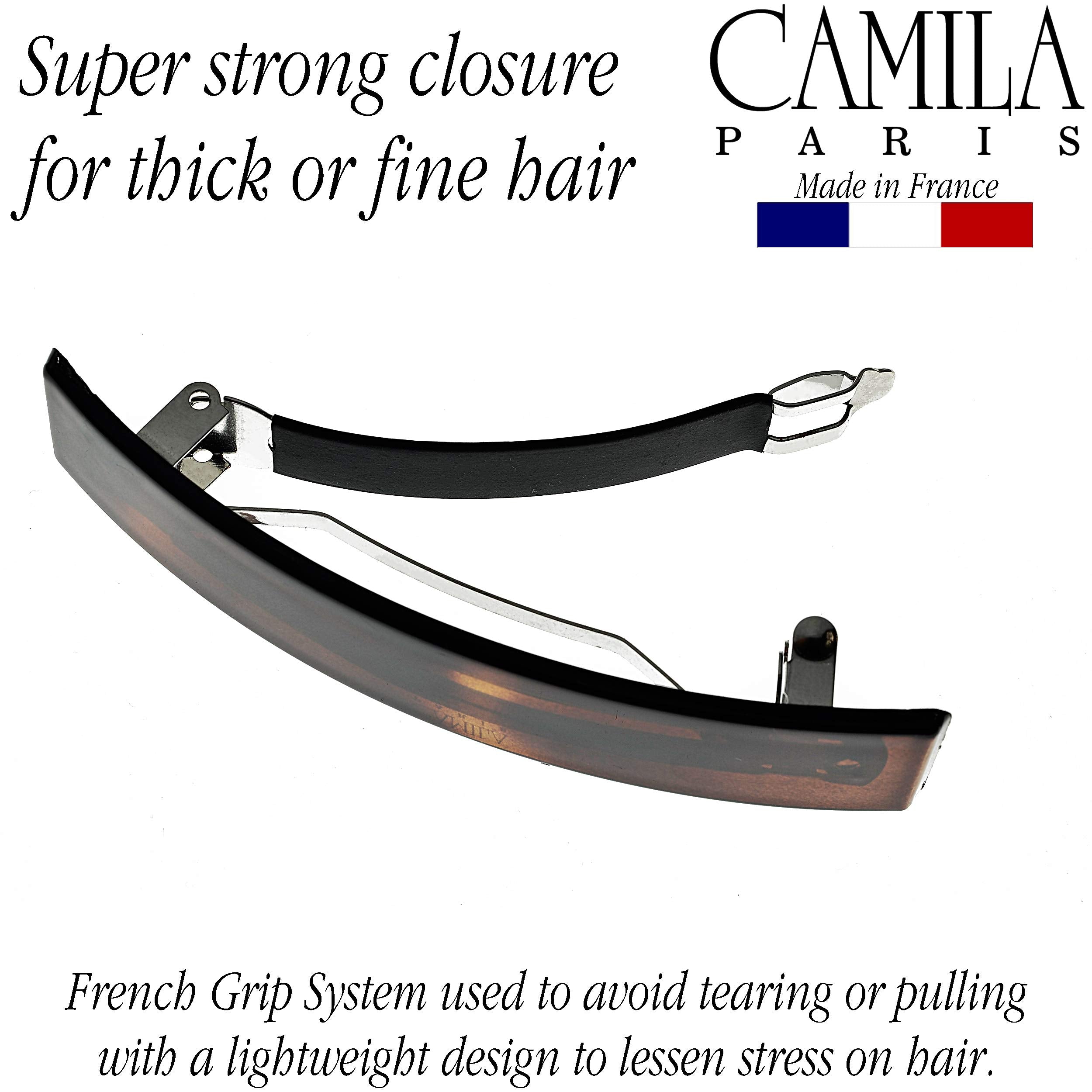 Camila barrette worn in half-up hairstyle demonstrating neat, no-slip styling