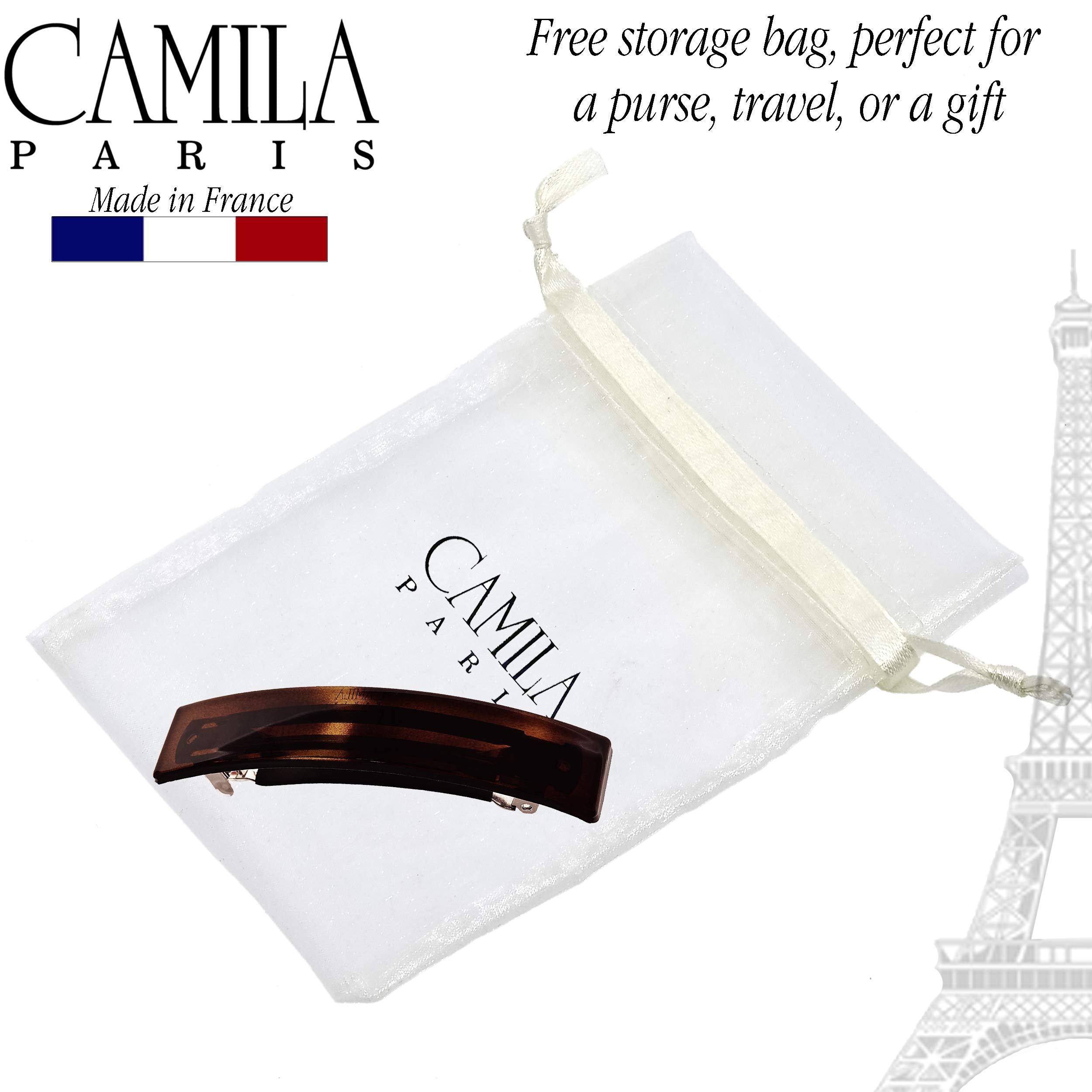 Camila barrette beside ruler illustrating 3.6-inch size for coverage and control