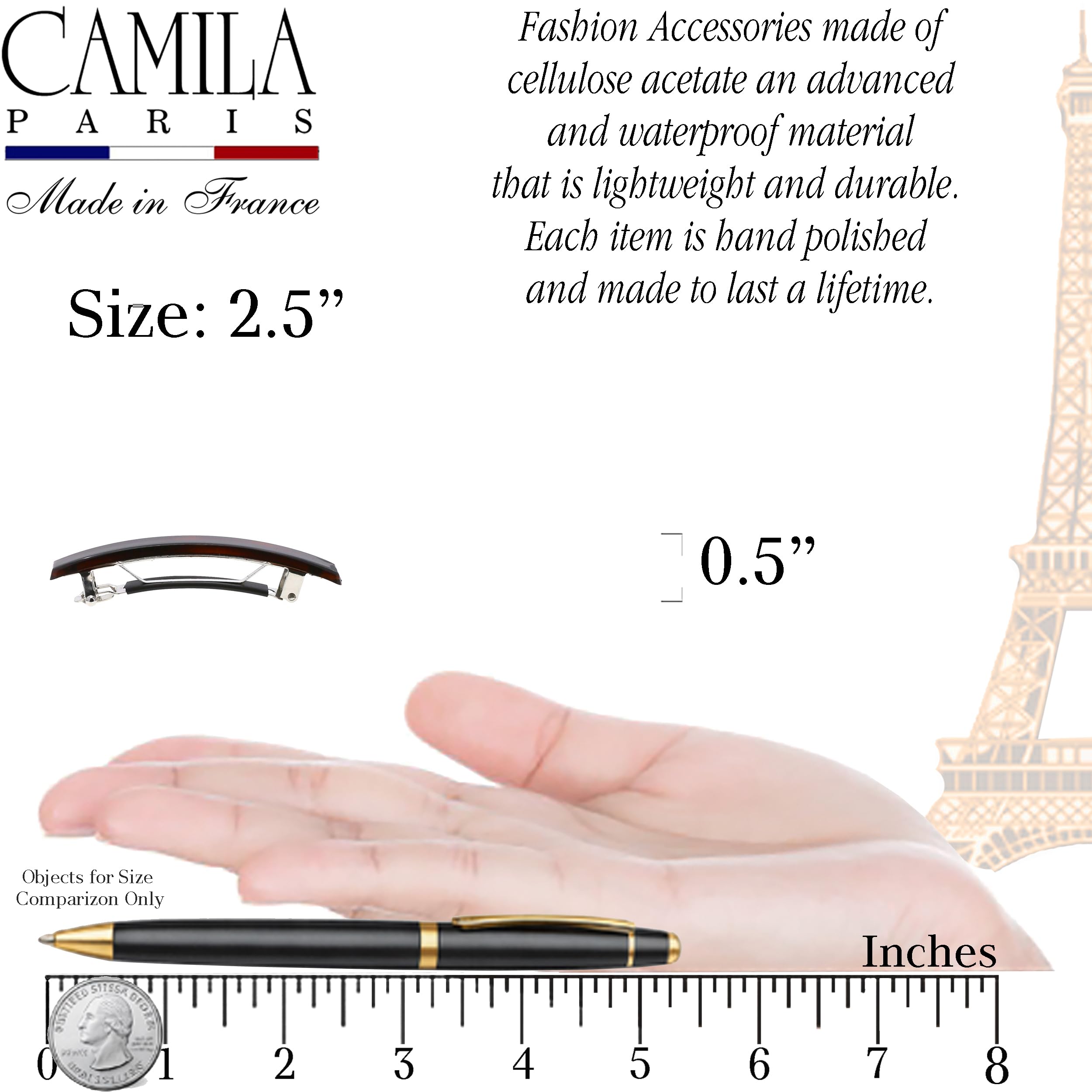 Camila Paris barrette next to ruler showing 2.5-inch size for precise styling
