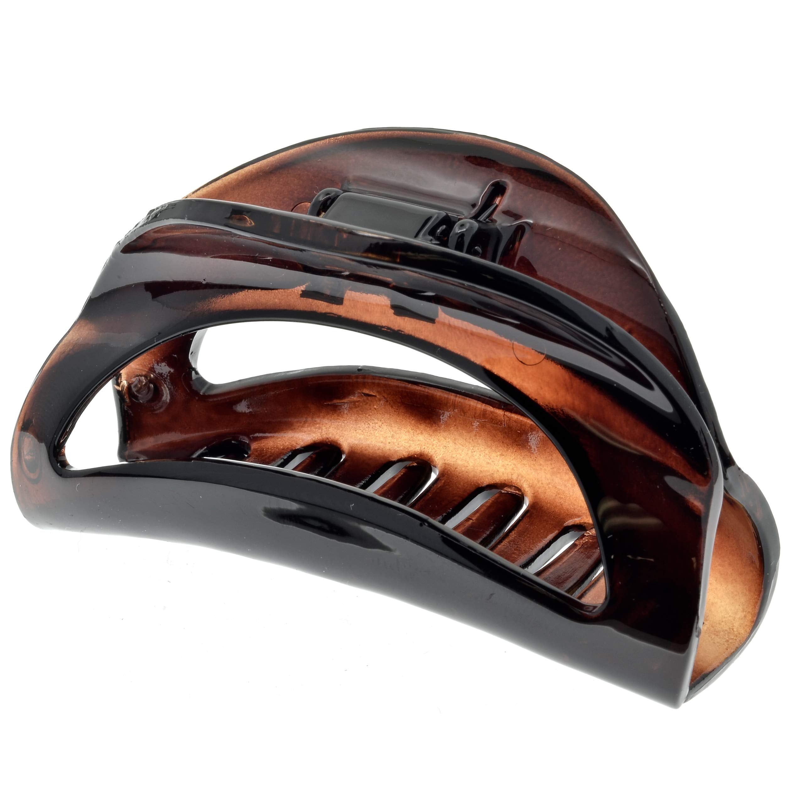 Camila Paris front view of small tortoise shell clip showing neat profile and polished look