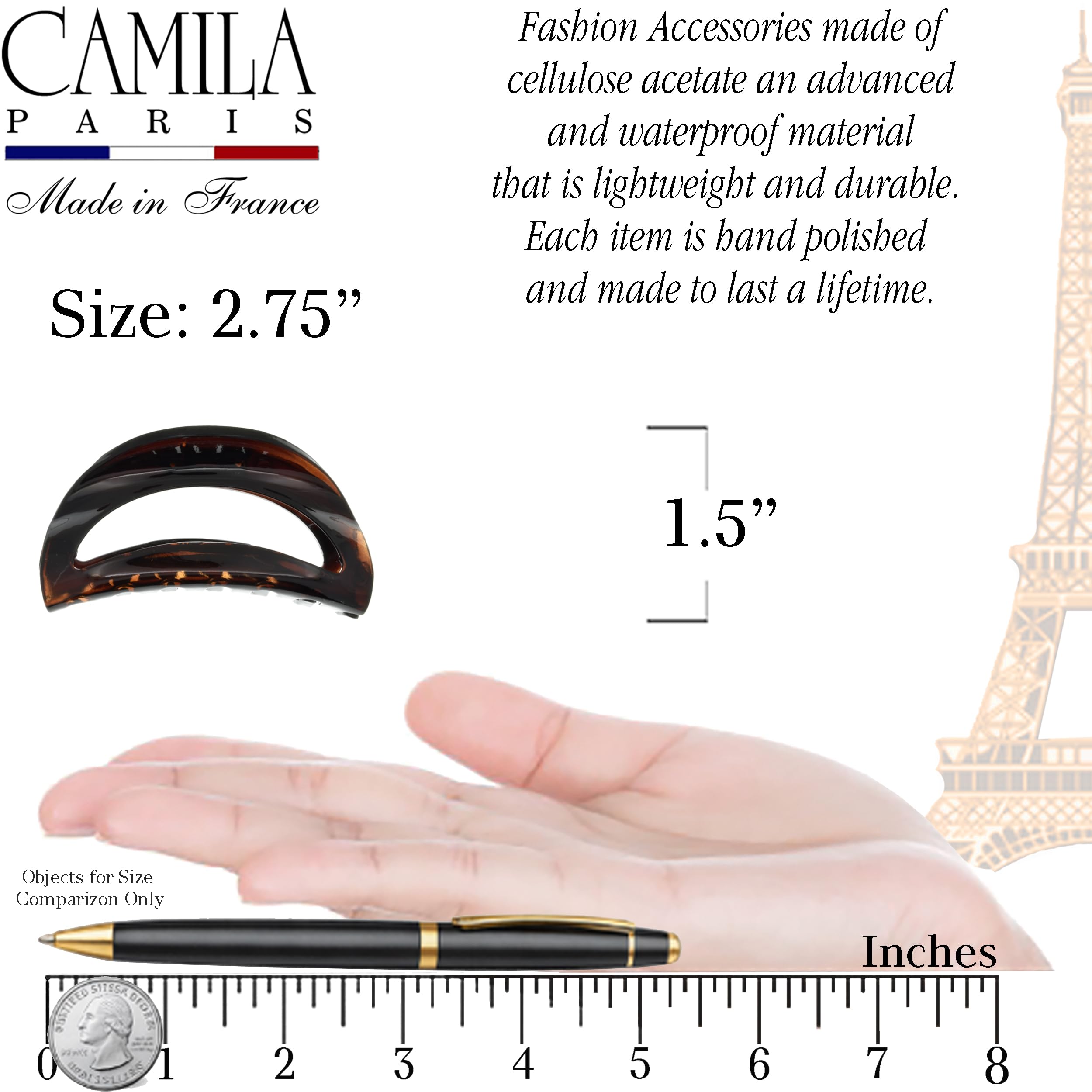 Camila Paris side profile of flat jaw clip demonstrating low-profile comfortable fit